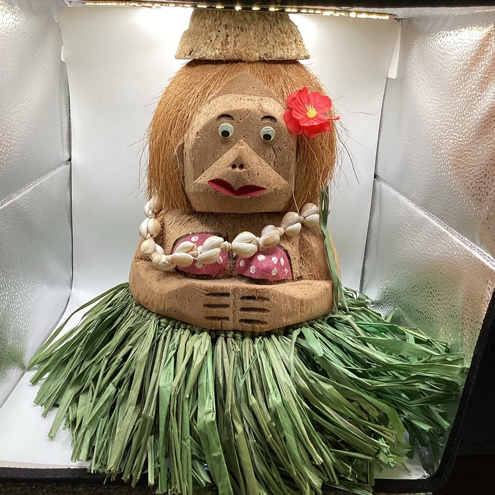 Large Vintage Tiki Souvenir Coconut Hawaiian Hula Girl Grass Skirt